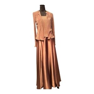Vintage 2000's Cachet 2 Piece Chocolate Brown Satin Formal Gown with Pleated Bod